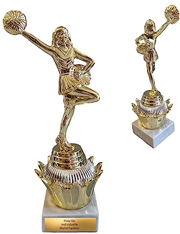 eberin Cheerleader Pokal 20,5 cm - Goldene Cheerleaderin Trophäe mit Gravur | Resin Figur für Akrobatik Aufführung, Sportpreis mit Personalisierung, Goldenes Design für Kinder & Erwachsene bei Turnieren