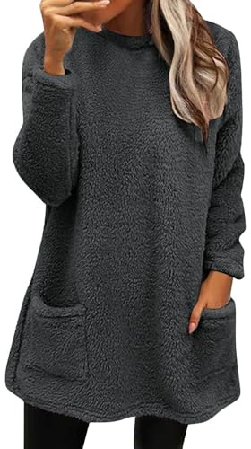 Chanpning Robe Femme Automne Hiver 2023 Robe Pull pour Femme Robe Décontractée Élégant Couleur Unie Col Rond Mini Robe à Manches Longues Robe Tunique avec Poches Chaude Pull en Laine Sweatshirt