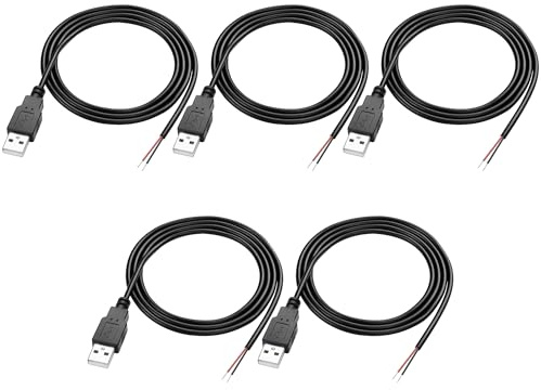 MEIRIYFA USB 2.0 Pigtail Kabel Stecker 2-Pin Open End Bare Wire, USB A Stecker zu 2-Pin Bare Wire Verlängerungskabel 24AWG 5V 2.5A 2 Cores Draht für DIY Ersatz Reparatur - 1M (5 PCS)