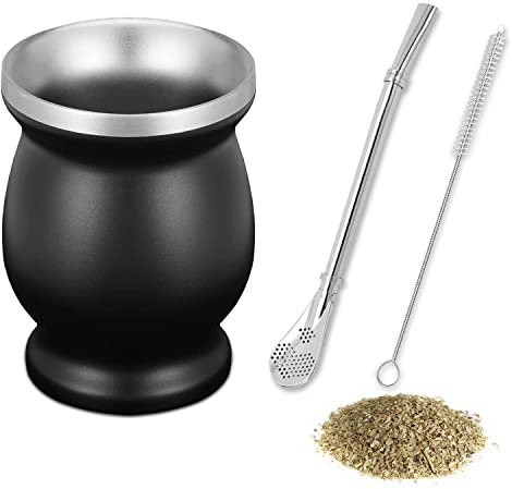 sinzau Mate Becher, Mate Tee Set, Mit Strohhalmlöffel und Reinigungsbürste, 230ml Mate Gourd Set für Mate Tee, Kaffee, Milch und Saft (Schwarz)