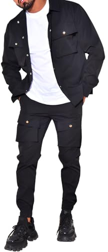 amropi Hombre Chándal Chaqueta de Botones y Pantalones Cargo Jogging Conjunto con Bolsillos