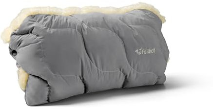 Fellhof® Kinderwagen Handwärmer Winterberg, 100% Merino-Lammfell, wind- u. wasserabweisend, reflektierende Streifen, OEKO-TEX® zertifiziert, Universalgröße für alle Kinderwagen grau