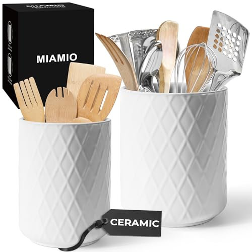 MIAMIO – Kitchen Utensil Holder Ceramic / Kitchen Organizer Set, Farmhouse Decor for Organizing Countertop and Storing Cutlery, Cooking Spoons, and Accessories - Palmanova Collection (White)