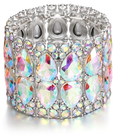 EVER FAITH Armband Statement Hochzeit Party Österreichische Strass Kristall Doppel Schichten Träne Elastische Armkette für Damen schillernd AB Silber-Ton