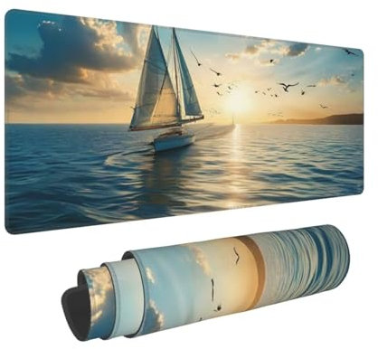 Gaming Mauspad XXL Segelboot 900x400x3 mm Schreibtischunterlage, Multifunktionales Office Große Mousepad Laptop Schreibunterlage, rutschfeste Gummi Mäusepads, Tisch-Schutz Unterlage für Büro B-601