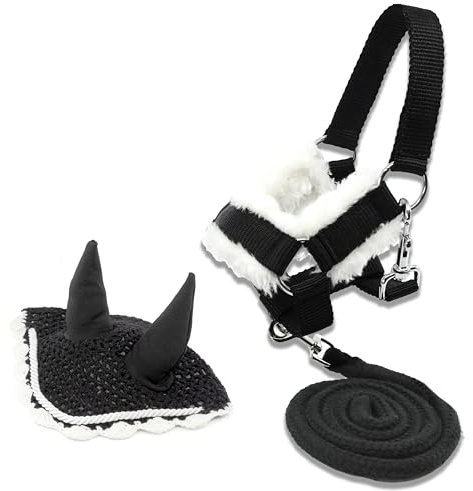 Hobby Horse Zubehör-Set, Halfter, Schwarz mit Führstrick und Insektenmütze, Schwarz und Weiß, für Hobby Horse, Größe A4 und A3