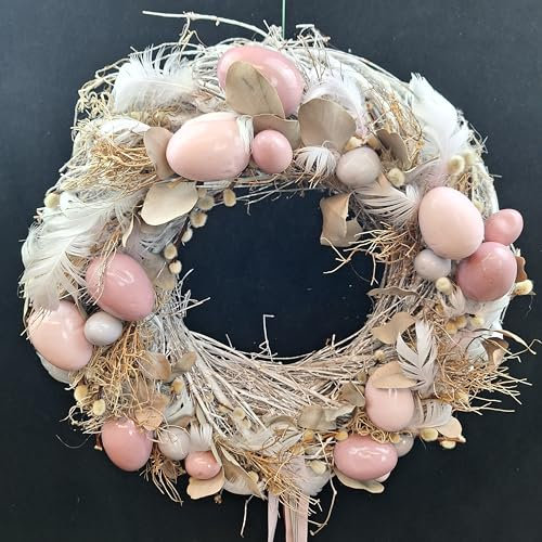 Handgefertigter Osterkranz mit Pastelleiern, Federn und Trockenblumen, 45 cm, Rosa-Weiß