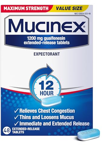 Mucinex 12 Hour Maximum Strength 1200 mg Guaifenesin Extended-Release Tablets for Excess Mucus Relief, Expectorant Aids Excess Mucus Removal, Chest Congestion Relief for Adults, 48 Tablets