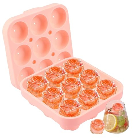 Hinapan Set di 9 stampi per cubetti di ghiaccio in silicone (rosa e cuore), con coperchio, facili da rimuovere e riutilizzabili, ideali per whisky, cocktail, succhi di frutta e bevande (rosa)