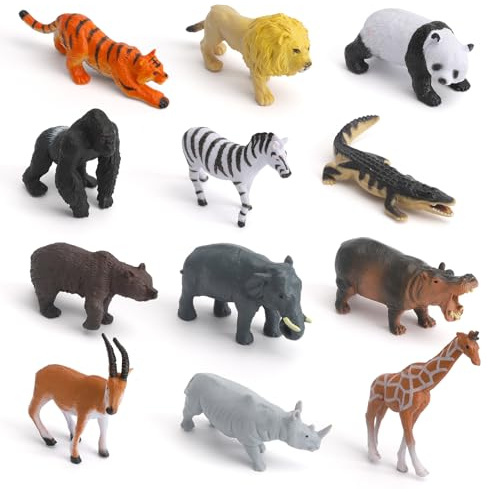 VOSSOT 12 Pezzi Animali Della Giungla Figures, Wild Game Figures Giocattolo per Bambini Plastica Animali Zoo, Forestale Animale Figure Set per Coperchio Della Torta Regalo di Compleanno di Natale
