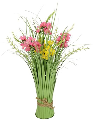 Künstlicher Grasbund mit weißen und rosa Blüten Grasarrangement Grasbusch Grasbüschel Deko Bündel Stehgras Kunstpflanze Kunstgras Grasbündel Grünpflanze Pflanze Ziergras Gräser Sträucher, Gelb/Rosa