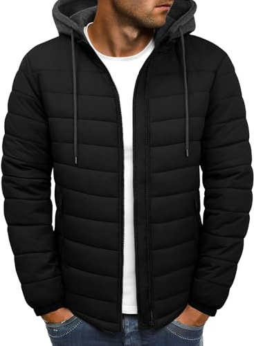 Xnova Chaqueta Acolchada Hombre Invierno Ligera Impermeable Cazadoras Entretiempo con Cremallera Chaquetas Softshell de Plumas Plumiferos Sudadera con Capucha Desmontable, Negro, L