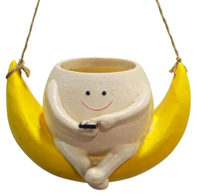 JNJOOD Swing Face Planter Pot Hanging Smile Face Resin Flower Pot for String of Pearl Plant Live Indoor Outdoor Plants