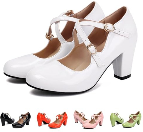 Mary Jane Pumps Oktoberfest Elegante Dirndl Scarpe Retro Casual Lolita Clothes Comode Scarpe con tacco alto Rockabilly Vernice Scarpe per lavoro, ufficio, matrimonio, danza, 03 bianco., 36 EU