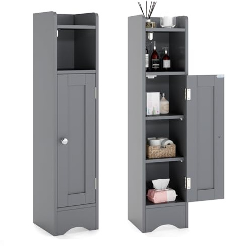 LIFEZEAL Armoire de Salle de Bain, Petite Meuble de Rangement autoportante avec Porte, Armoire de Rangement étroite avec étagères réglables pour Petits espaces (Gris)