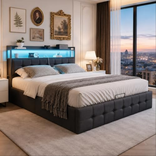 BRILVERDE Polsterbett 160x200 mit Stauraum unter dem Bett, Doppelbett mit LED/USB, Jugendbett mit Kopfteil, Stauraumbett, Bettgestell mit Lattenrost, Leinen(Grau, 160 x 200 cm)