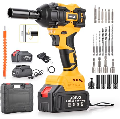 Llave de Impacto Inalámbrica , 400N.m 21V 3 en 1 Pistola de Impacto Brushless Parada Automática 2 Baterías 4.0Ah Atornillador y Taladro de Impacto de 1,6kg para Bricolaje y Muebles 29 Accesorios