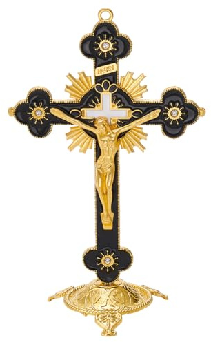 UNICRAFTALE Metal Jesus Crucifix Table Cross Black Alloy Vintage Crucifix Cross Statue 13.5cm Standing Enamel Jesus Figure With Stable Base Catholic Home Office Desk Shelf Decoration