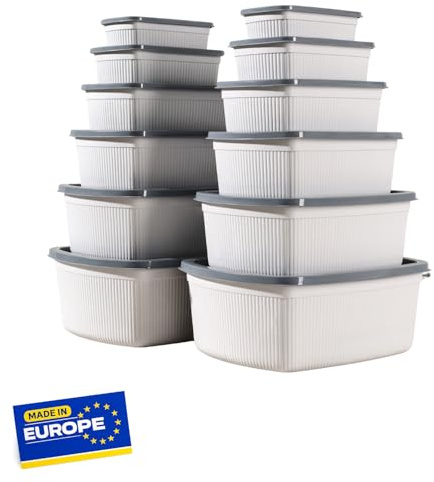 IDOBY 12-teiliges Frischhaltedosen Set – Rechteckige Lebensmittelbehälter mit Deckel, auslaufsicher, stapelbar, Kunststoff Vorratsdosen Set für Küche & Kühlschrank (6 Größen) (GRAU, RECHTECK)