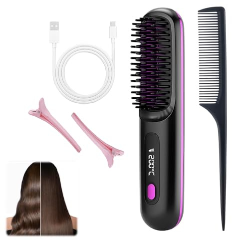 Cepillo alisador pelo profesional inalámbrico, cepillo alisador pelo corto y largo, planchas del pelo con temperatura ajustable,Calefacción CeráMica MCH Planchas De Pelo 4 Ajustes De Temperatura Con C