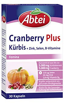 Abtei Cranberry Plus Kürbis - hochdosiert - Nahrungsergänzung für Bindegewebe, Schleimhaut und Immunsystem - mit Zink, Selen, Biotin und B-Vitaminen - 1 x 30 Kapseln