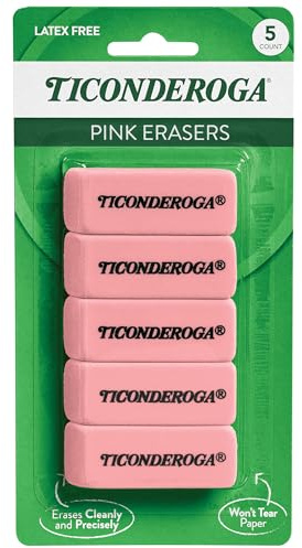 Ticonderoga Wedge Erasers, Pink, 5/Pack