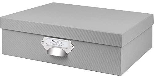 Rössler SOHO Aufbewahrungsbox mit Deckel A4 | Aufbewahrungsbox aus Papier | Bad Organizer | Organizer Küche | Organizer Schminke | Boxen Aufbewahrung | 34 x 26 x 10 cm | 1 Stück | Farbe: Grau | Stone | Organizer aus Karton für DIN A4 Dokumente, Bürobedarf, Bastelmaterial und Accessoires