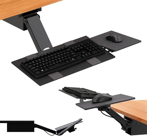 KT2 Ergonomisk under-skrivbord tangentbordsbricka med stor justerbar höjd räckvidd + negativ lutning bästa sitstativ stående skrivbord datorstativ hållare låda hylla dra glider ut glidvinkel vrids 360