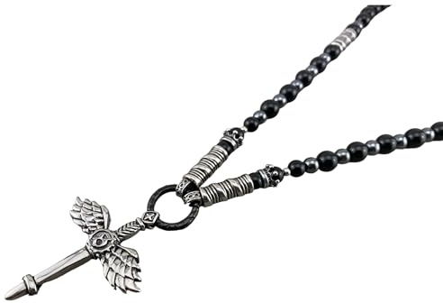 Halskette Perlenkette Modell Royal für Herren und Damen, Onyxperlen schwarz, Schmuck mit versch. Anhänger wie Totenkopf, Kreuz K010