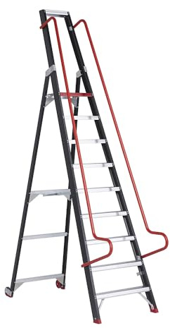 Certeo | Escabeau Mobile pour rayonnages | avec Mains courantes de sécurité | 9 marches | Marche Sup comprise