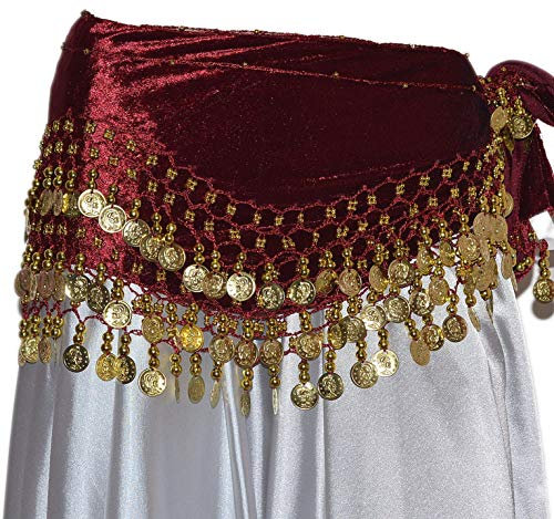 Tanzbekleidung & Accessories Bauchtanz MÜNZGÜRTEL HÜFTTUCH Belly Dance BAUCHTANZGÜRTEL HIP Scarf Karneval XXL (S - L: 155 cm, Weinrot)