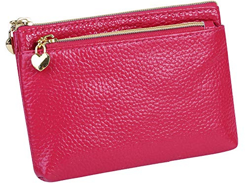 Portamonete da donna in vera pelle, con cerniera, formato tascabile, colore rosa