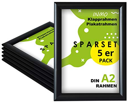 INMO Alu-Klapprahmen DIN A2 5 Stück mit Aluminium Profil ohne Glas - Klappbarer Bilderrahmen Schwarz - Fotorahmen für Bilder, Poster, Plakate - 44,80 x 62,50 cm Urkundenrahmen