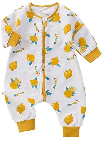 Chilsuessy Baby Sommer Schlafsack mit abnehmbaren Ärmeln 1 Tog 100% Baumwolle Kleinkind Schlafsack mit Füße Frühling Schlafsack für Junge und Mädchen, Zitrone, L/Baby Höhe 85-95cm