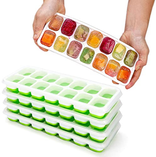 Vinsani 4 Pack Ice Cube Trays with Clear Removable Lid Easy-Release Silicone Flexible Ice Cube Moulds LFGB Certified and BPA Free Stackable Durable - Green