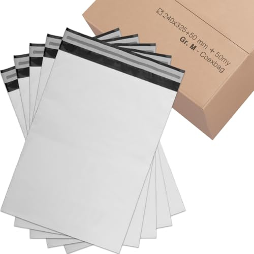 verpacking Versandbeutel 240x325 mm Weiß/Schwarz [Größe und Stückzahl wählbar] Blickdicht Coex Versandtaschen für Kleidung selbstklebend Verpackungstüten Folienversandtaschen 500 Stück