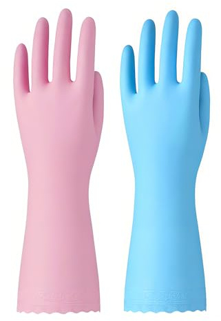 Bamllum Gummi-Reinigungshandschuhe, latexfrei, Küchenreinigungshandschuhe mit Baumwollfutter, Haushalts-Geschirrspülhandschuhe, rutschfest, wasserdicht (Größe M, Blau + Rosa), 2 Paar