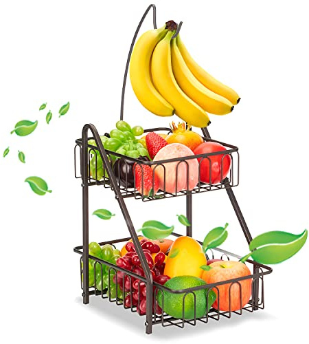 Mutool Fruktställ i 2 nivåer med bananhängare skrivbord fruktskålar metall fruktkorg förvaringsställ håller frukt och grönsaker färska (brons)