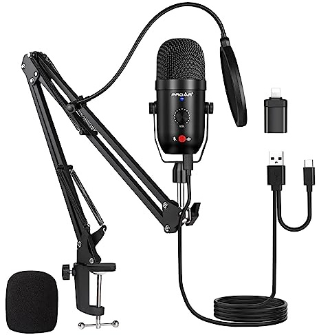 PROAR Micrófono de podcast para teléfono/pad/PS4, micrófono USB de grabación de condensador para computadora, micrófono de metal para PC, para juegos, ASMR, YouTube, kit de micrófono de transmisión