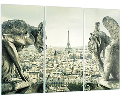 ARTTOR Mehrteilige Bilder auf Glas 165x110cm Glasbild Wasserspeier Paris Notre-Dame Groß XXL Wanddeko Schlafzimmer Küche Set 3 teilige Wandbilder Dekoration Wohnzimmer Modern Wand Art GCE165x110-4544