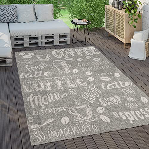 Paco Home Outdoor Teppich Wetterfest Wohnzimmer Balkon Küchenteppich Modernes Muster Mit Schriftzug, Grösse:120x160 cm, Farbe:Grau 2