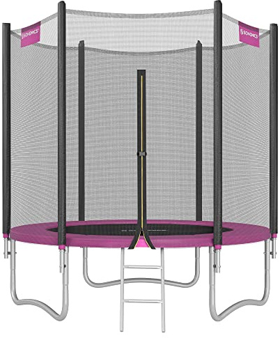 SONGMICS Trampolino da 183 cm, Trampolini Elastico 6 Piedi con Rete di Recinto, Tappeto Protettivo, Palo Alto 180 cm, Struttura Metallica, Certificato TÜV Rheinland GS, Nero e Rosa STR061P01V1