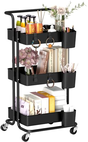 HOMCOM 3 Tier Utility Rolling Cart 3 Removable Mesh Baskets 4 Hooks Black