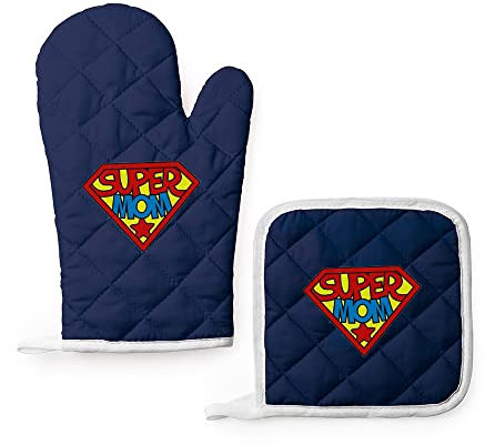 Set da Cucina Guanto e Presina Personalizzati Super Mom Colorati Idea Regalo Festa della Mamma Dei Nonni Speciale Compleanno Natale per Mamma Nonna Cuoca Chef Famiglia Super Mamma