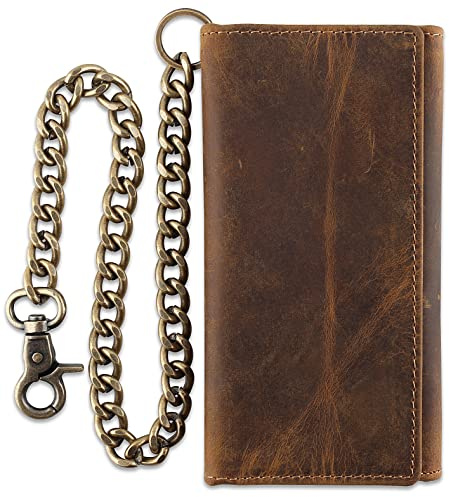 F&L CLASSIC RFID Blocking Mens Tri-fold Long Style Cowhide Leather Steel Chain Wallet,buffalo wax vintage leather,212 wax brown