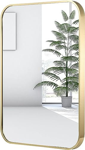 JENBELY 50,8 x 71,1 cm goldener Badezimmerspiegel, gebürstetes Messing, goldfarbener Metallrahmen, rechteckiger Spiegel mit abgerundeten Ecken, Badezimmer-Schminkspiegel für Schlafzimmer oder