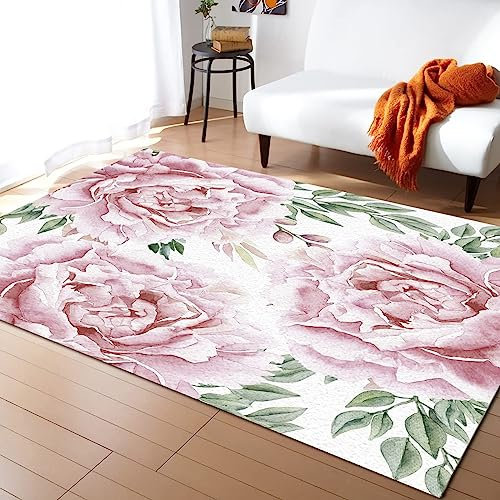 TEMLAN Rosa Rosenblume Teppiche Gegend, Gewöhnliche Pfingstrosenblume Kurzflor Waschbar für Küche und Balkon Dekor Schlafzimmer Wohnzimmer Bodenteppich 60 x 90cm