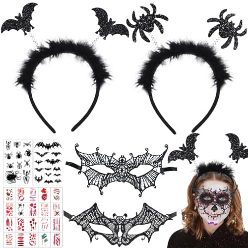 Zkaoai Halloween Haarreif Set, Fledermaus Haarreifen, Halloween Spinnen Stirnband, Venezianische Maske Damen mit Halloween Tattoo Aufkleber, für Halloween Karneval Kostüm Party Maskenball