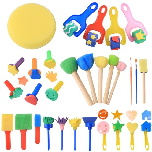 Schwamm Malerei Pinsel Set, 30 Stücke Kinder Malwerkzeuge Set | Schwamm Pinsel Set, Kinder Früherziehung Lernen Zeichnung Werkzeuge Art Draw Tools für DIY Kunsthandwerk
