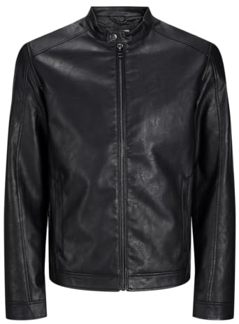JACK & JONES Men’s Black PU Biker Jacket, Long Sleeve, 2 Pockets – Stylish Clean Jacket, UK Size L